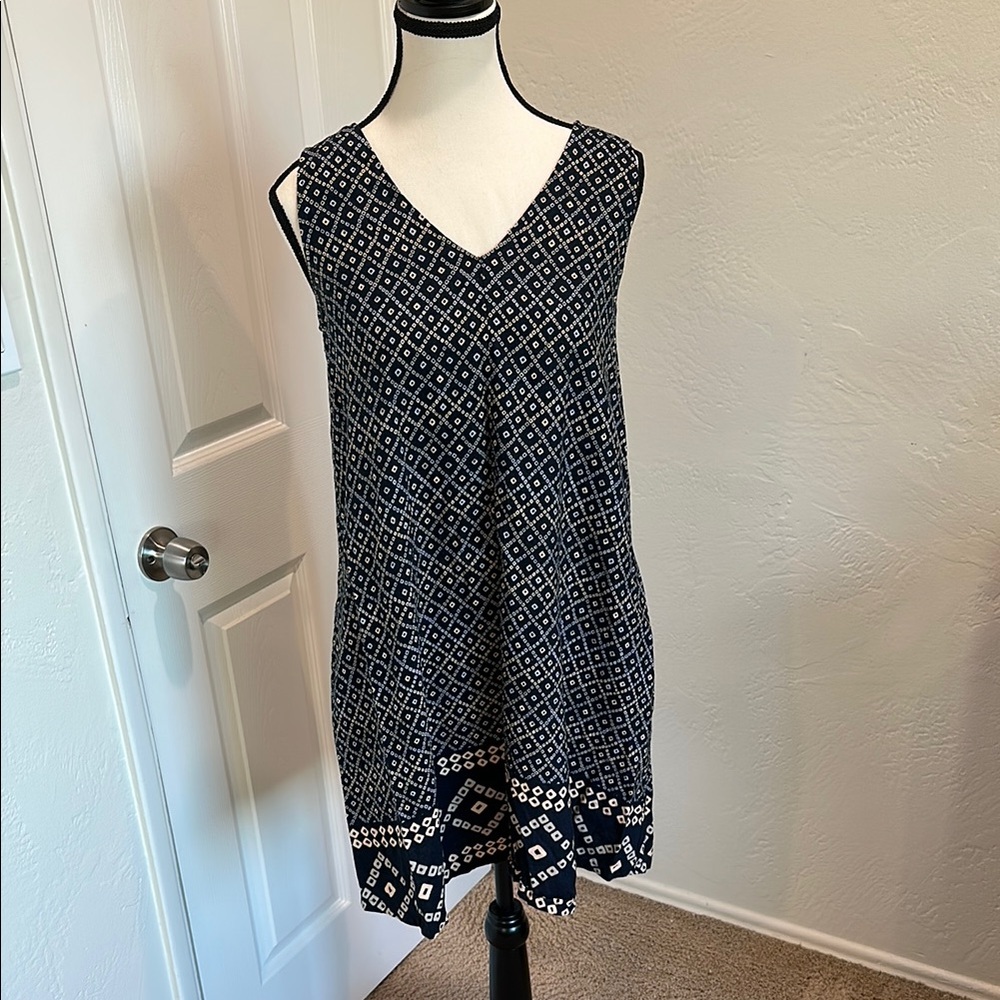 LOFT Navy and Cream Patterned Dress
